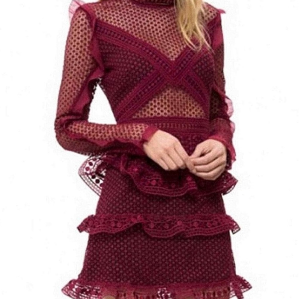 Self-Portrait Burgundy Long Sleeve Lace Dress